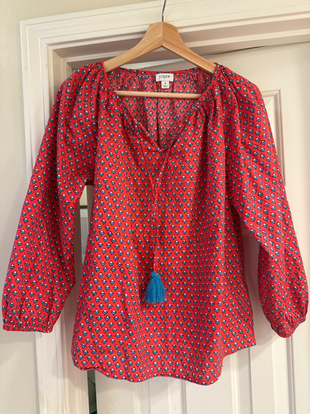 J. Crew Coral-Red Printed Peasant Blouse with Blue Tassel